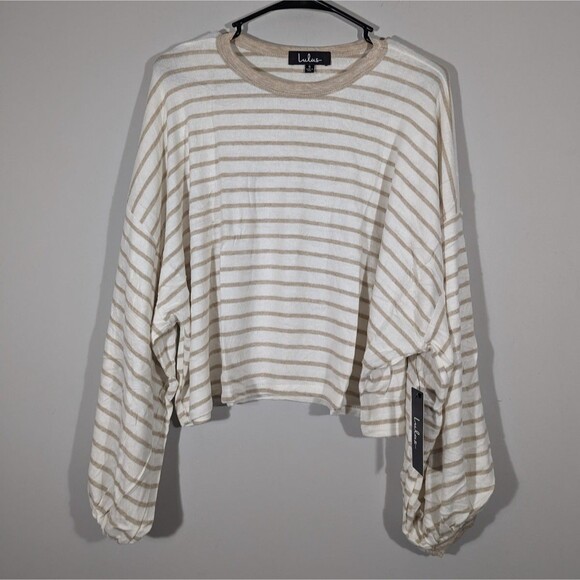 Lulus Top Women Size S Tan Stripe Long Sleeve Crop Relaxed Shirt VSCO Girl - Picture 1 of 6